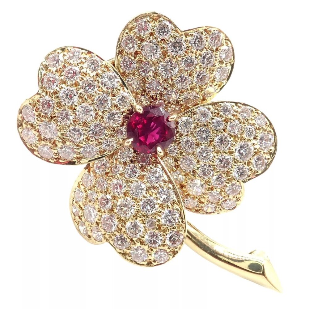 Vintage! Van Cleef & Arpels Cosmos 18k Yellow Gold Diamond Ruby Brooch Pendant